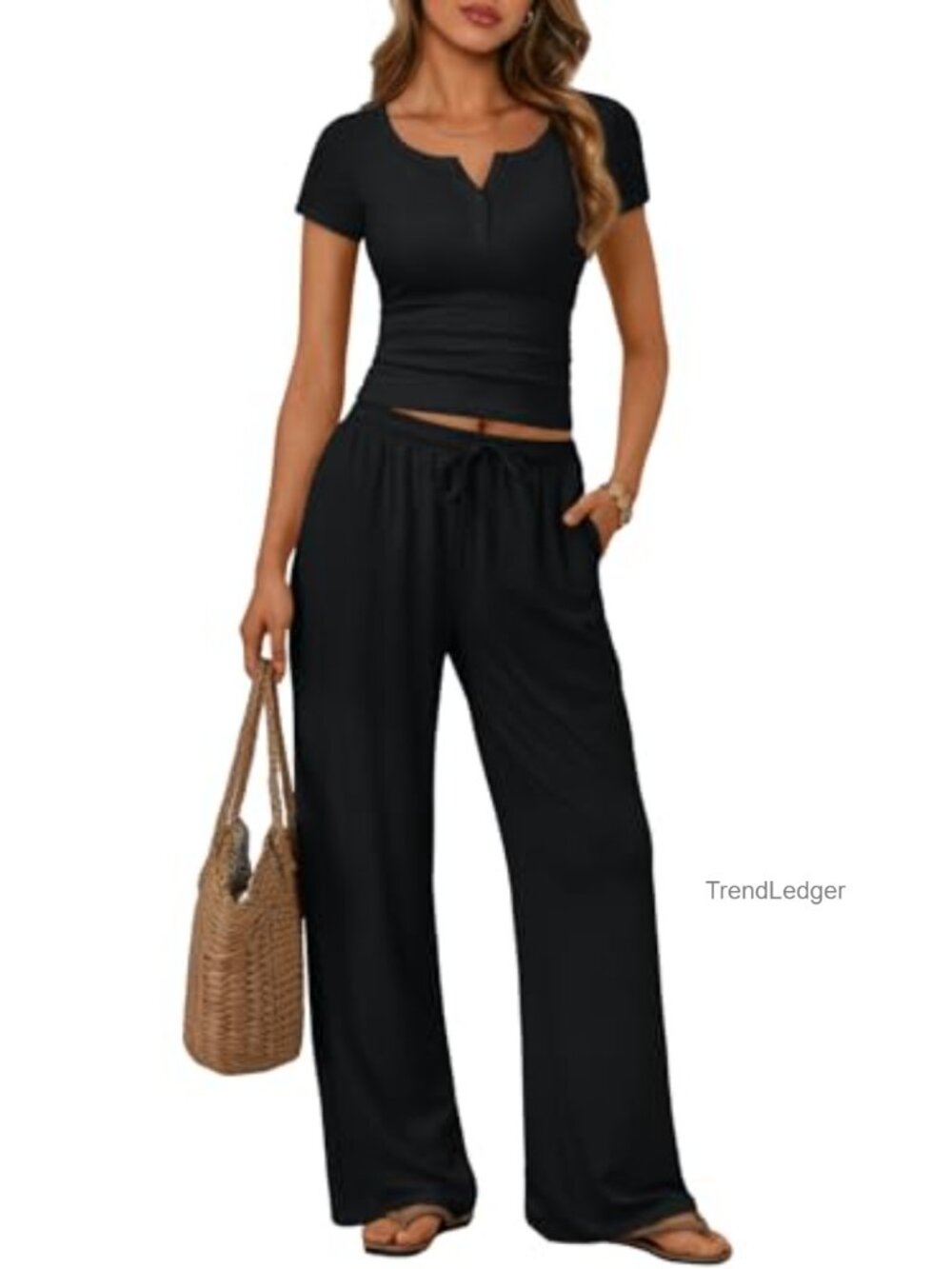 2 Piece Lounge Set with Pockets - 92% Rayon, 8% Spandex Henley Crop Top and